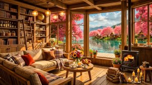 Уютный весенний вечер у камина и озера 🌸 Тёплая атмосфера для отдыха, расслабления и вдохновения