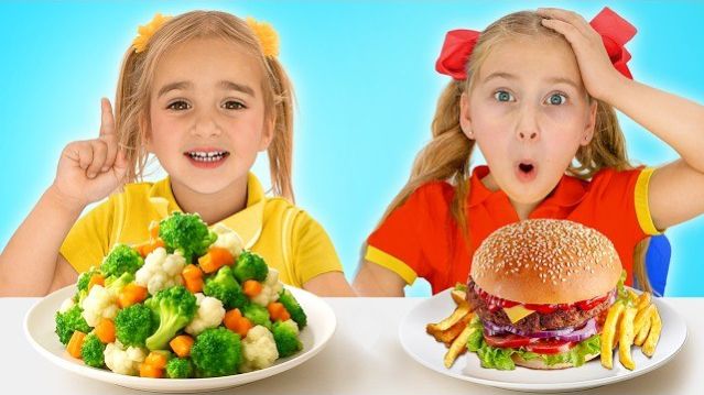 Алиса и Саша выбирают здоровую пищу вместо вредной! Игровая кулинарная история