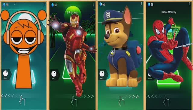 Спрунки против Мстителей и Чейза! 🦸♂️🐾 Эпичная битва Tiles Hop: Железный человек и Человек-паук