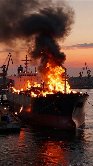 Пожар на корабле: катастрофа в порту #гибель #пожар #катастрофа