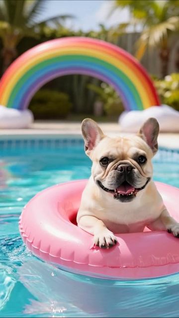 Собачий отдых у бассейна с радугой собака лето