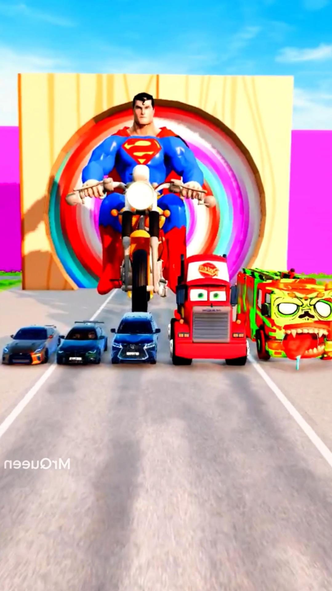 Большой и маленький  Супермен на мотоцикле