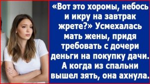 Вот это хоромы, небось и икру на завтрак едите ! Усмехалась мать жены, придя требовать деньги