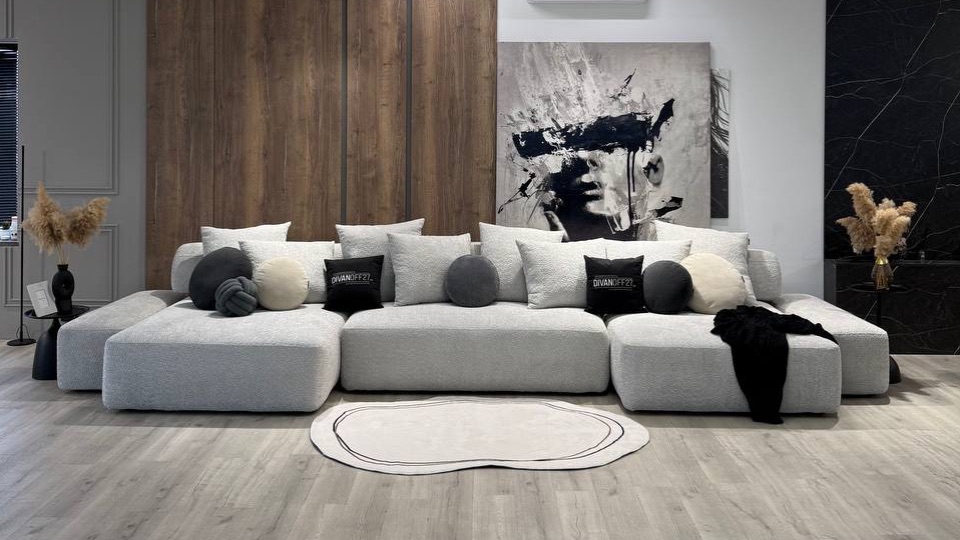 Модульный диван ШЭР с переставными подушками от фабрики дизайнерской мягкой мебели ДИВАНОФФ27
