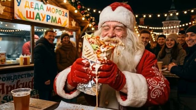 Дед Мороз в шаверме и есть шаурму- прикольчик