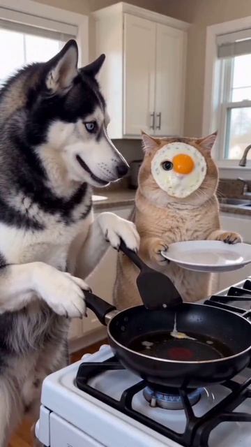 Собака и кот готовят завтрак