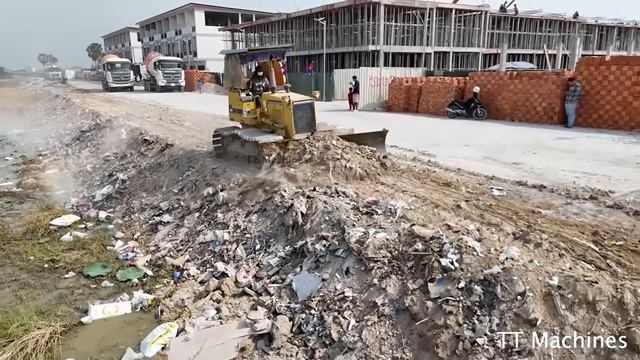 Awesome Nice View !! Just Start Project Landfilling Up Processing By Dozer Push Stone & Dump Trucks
