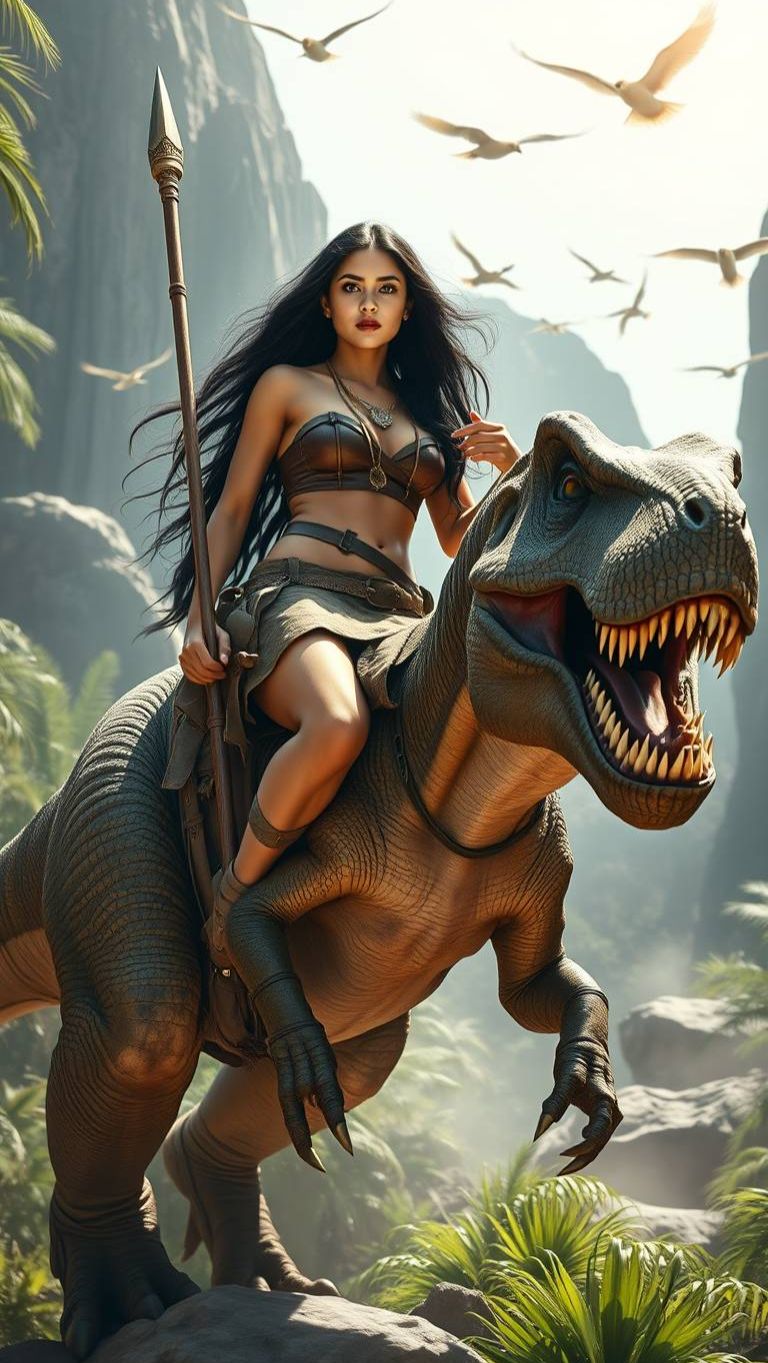 Первобытная охотница верхом на тираннозавре