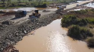 Oops! Watch Out! Bulldozer and Dump Truck Use For Road Construction Crossing Flood and Flood Control