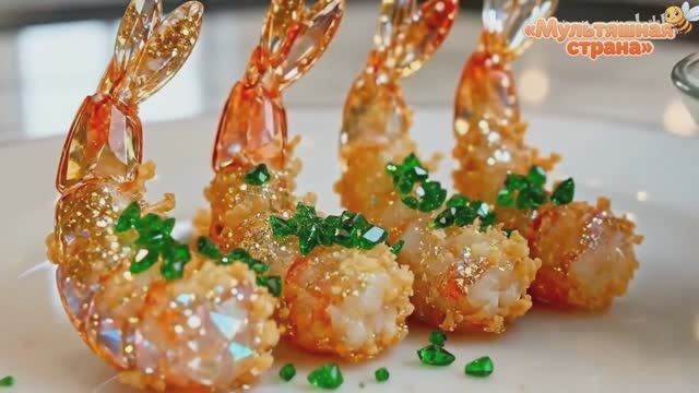 Стеклянные креветки в кляре.  ИИ - анимация.