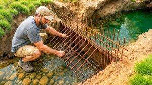 Мужчина строит мини дамбу, чтобы обеспечить себя водой.