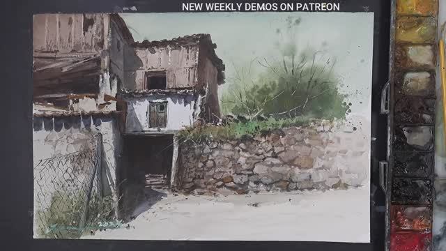 Рисуем акварелью старый деревенский дом с текстурой камня