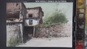 Рисуем акварелью старый деревенский дом с текстурой камня