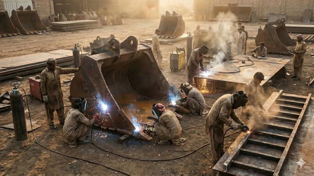  ПАКИСТАНСКИЕ МЕХАНИКИ ВОССТАНАВЛИВАЮТ СЛОМАННЫЙ КОВШ ЭКСКАВАТОРА