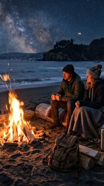 Ночной берег и костер у океана  Звуки природы для сна и учебы Без музыки - Calmora Lofi