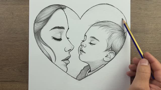 Как нарисовать картинку ко Дню матери ( сердце и мать и ребенка ), рисунок на тему любви