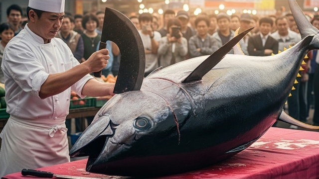 Только мастер может справиться с таким большим голубым тунцом