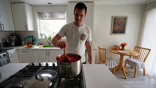 мужик готовит борщ