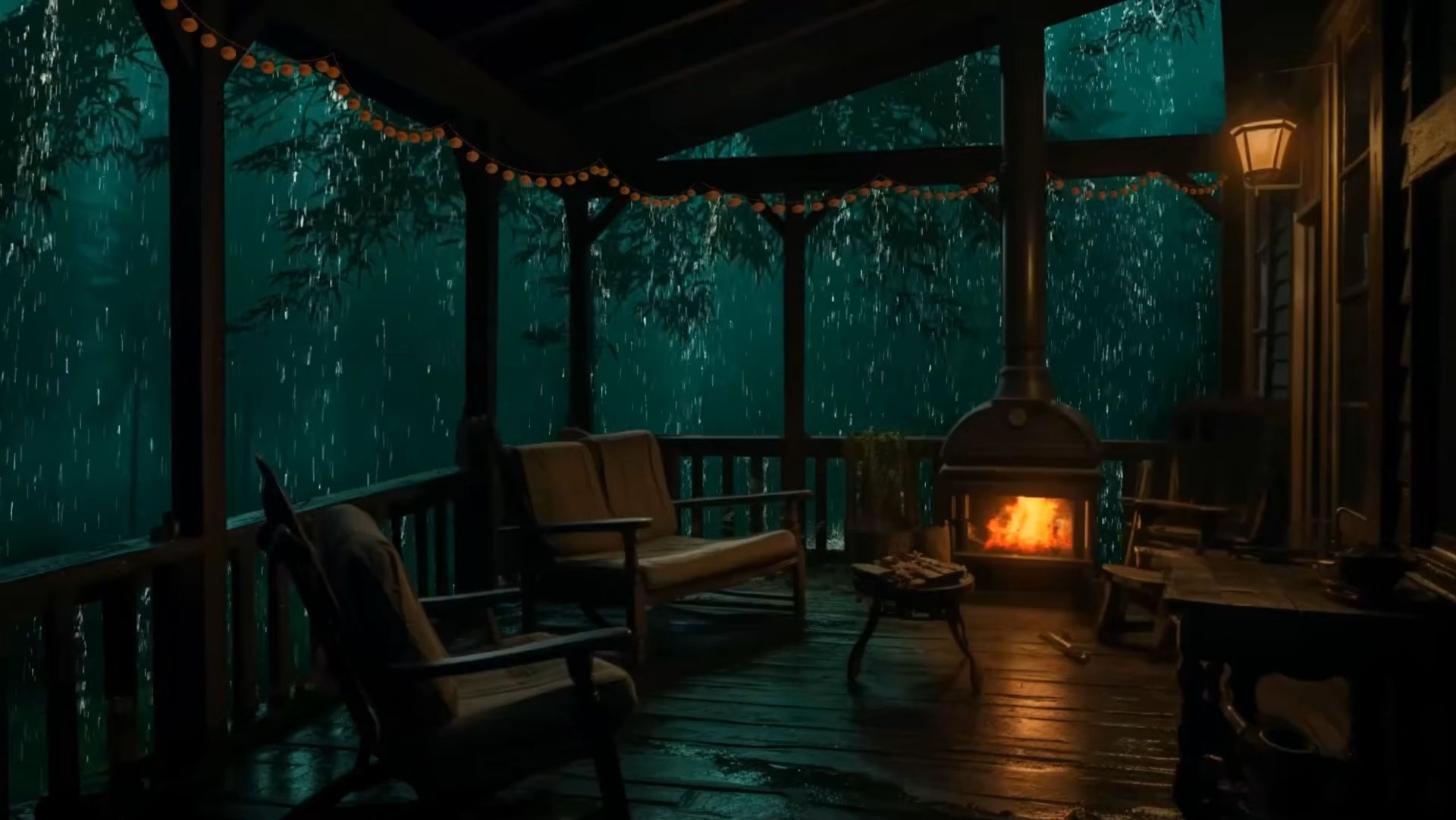 Ночной дождь и уютный камин в лесной беседке  Атмосфера для сна и полного расслабления