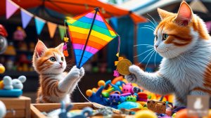 😹Мама кошечка и её маленький сыночек запускают красивого воздушного змея🔥