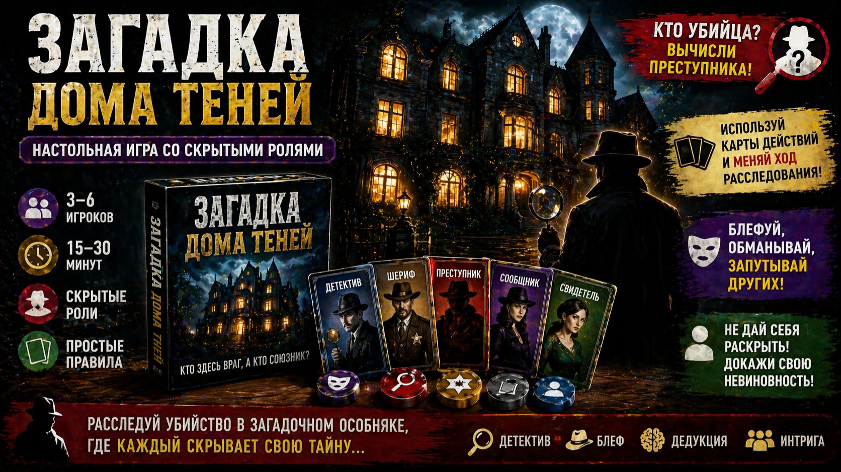 Загадка дома Теней — правила настольной игры | как играть | скрытые роли