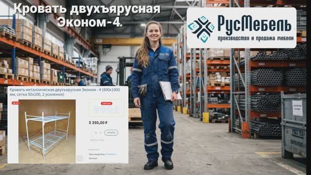 Кровать двухъярусная металлическая Эконом-4 лестница и ограждение характеристики цены Русмебель