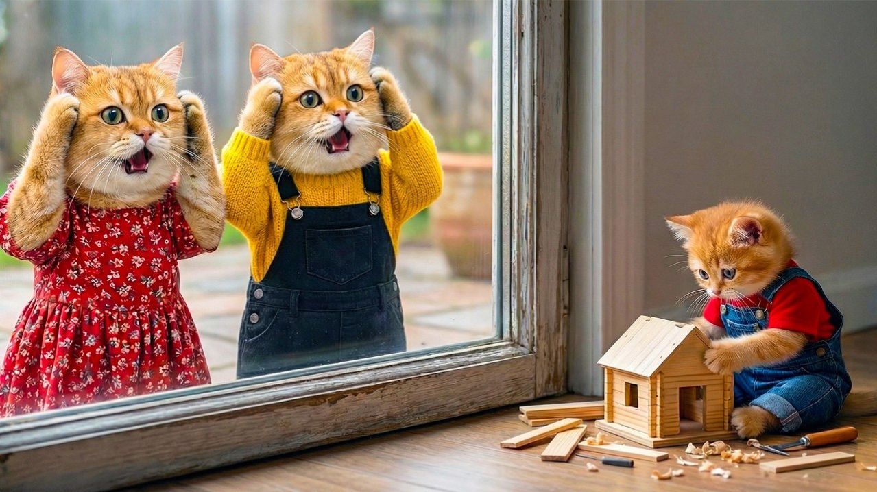 Мама-кошка возвращается с работы и с удивлением видит, что рыжий котёнок построил домик 🐱🏡😲