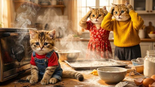 Рыжий котёнок идёт на кухню печь – случается несчастье, и мама-кошка начинает волноваться!