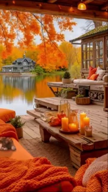 🏡 Деревенский̆ отдых на берегу озера | Нежная музыка, журчанье воды и камин на осенней веранде 🍁