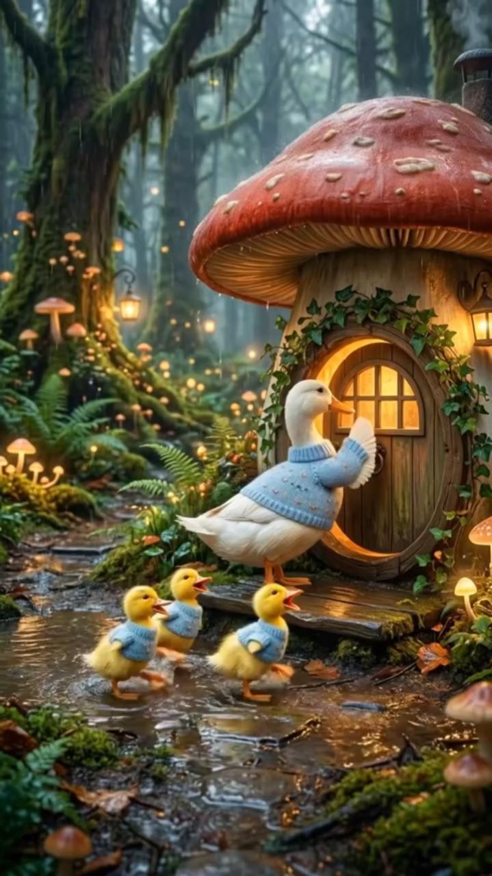 В ненастный вечер утка с утятами попросилась на ночлег к медвежонку