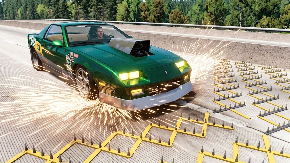 BeamNG Drive - Массивная авария с использованием шипованной ленты и столкновения автомобилей