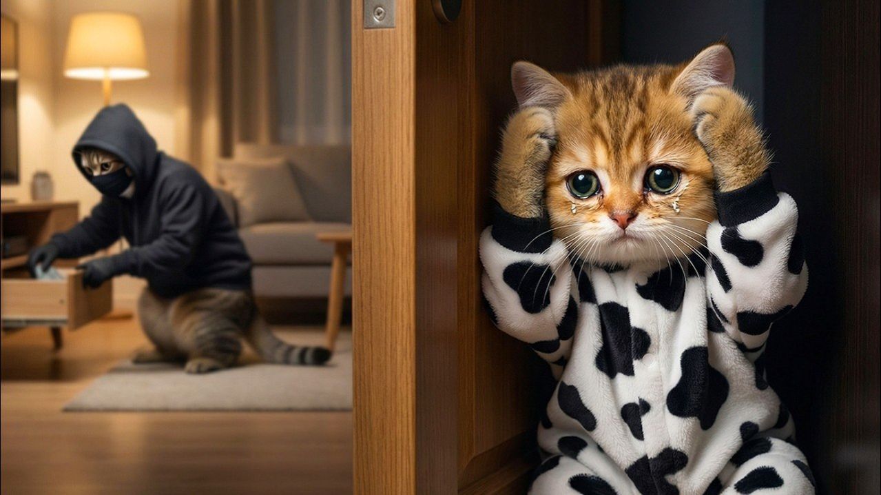 Рыжий котёнок поднимает тревогу, когда в дом врывается вор – мама-кошка страшно волнуется!