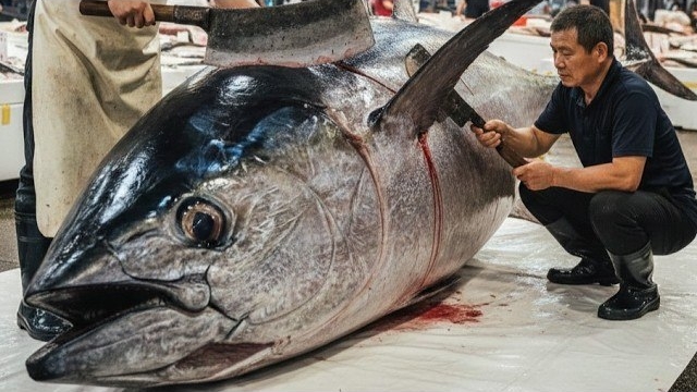 Безупречный голубой тунец и мастер с острым лезвием и точностью