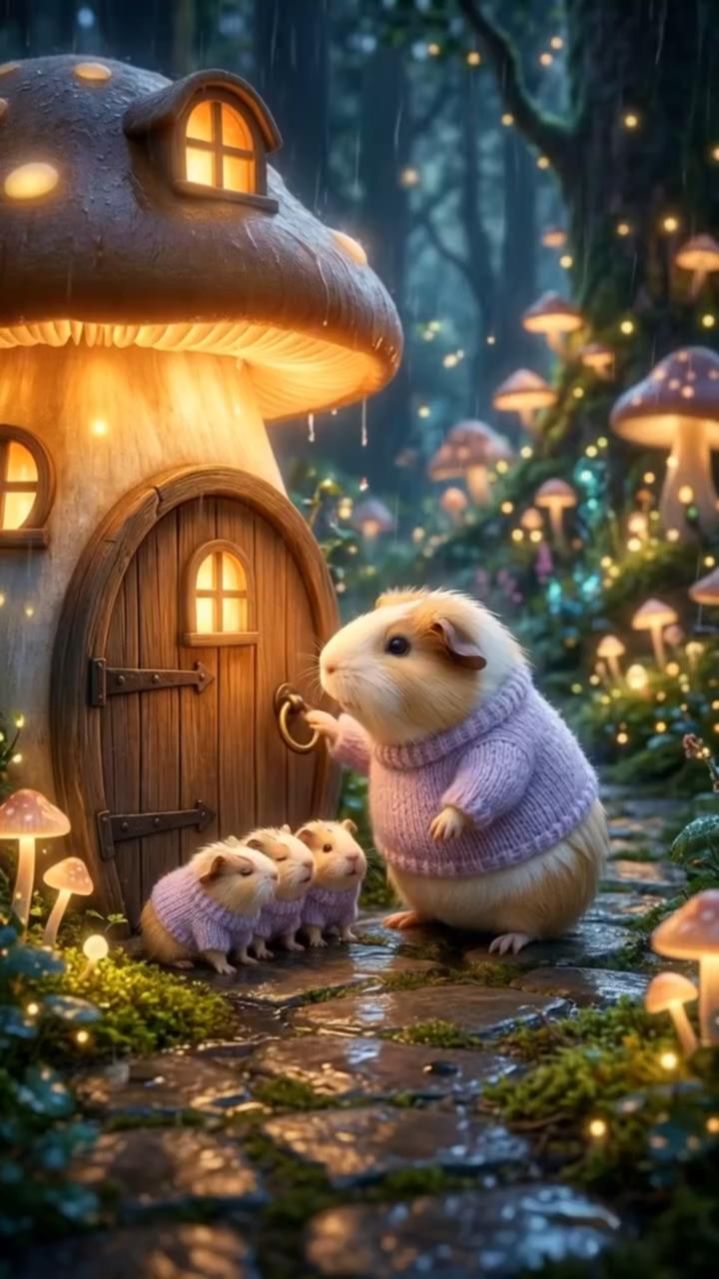 В ненастный вечер морская свинка с детками попросилась на ночлег к медвежонку