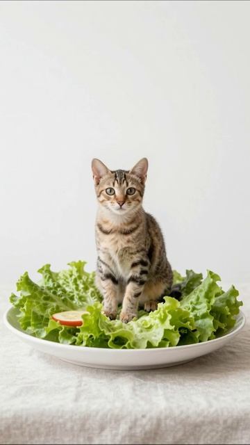 Кот на салатной тарелке: забавный момент #кот #салат #милота #видео