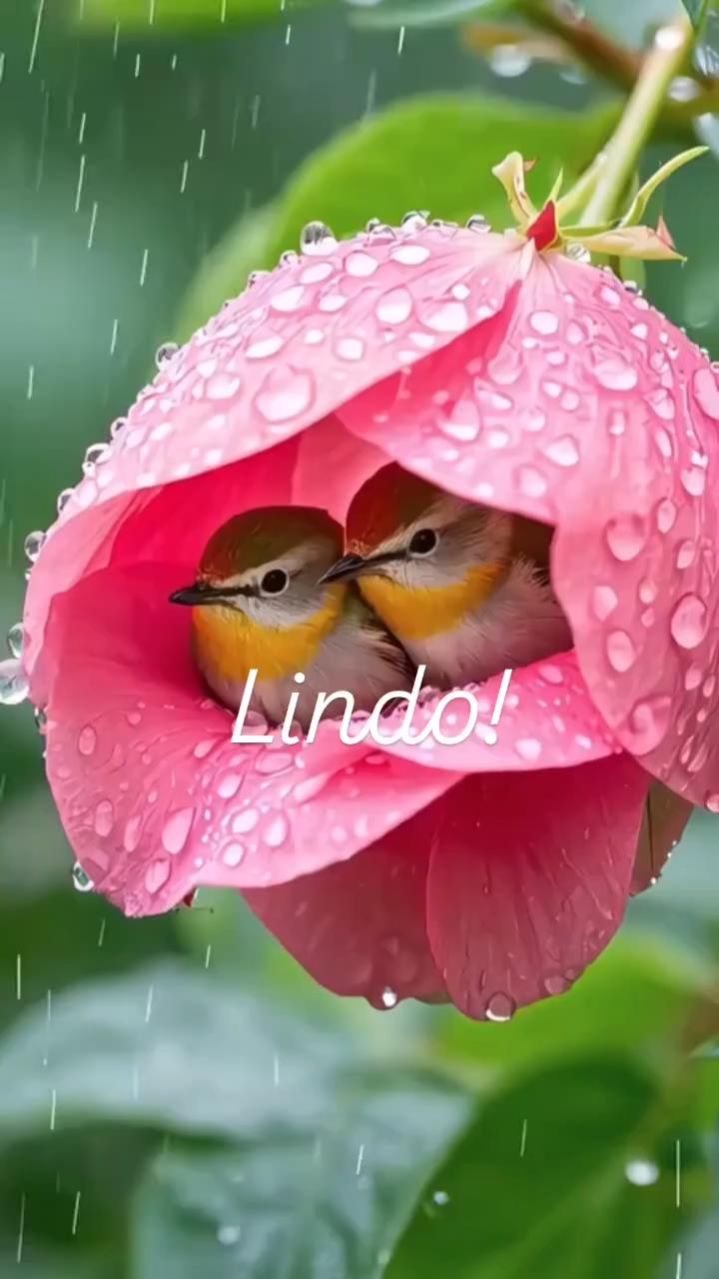 Две птички в розе спрятались от дождя