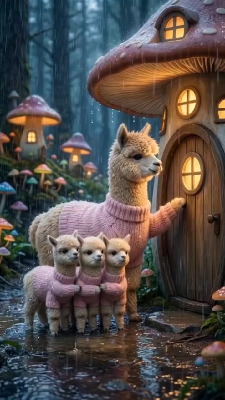 В ненастный вечер лама с детками попросилась на ночлег к медвежонку