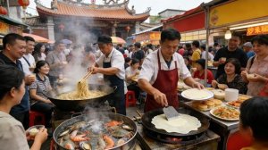 Уличная еда в провинции Фуцзянь, Китай. Утренний рынок. Сырые и острые морепродукты, моти, квай