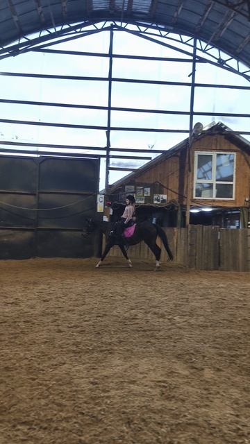 Аня на Флейте пробует скакать галопом без стремян в манеже.