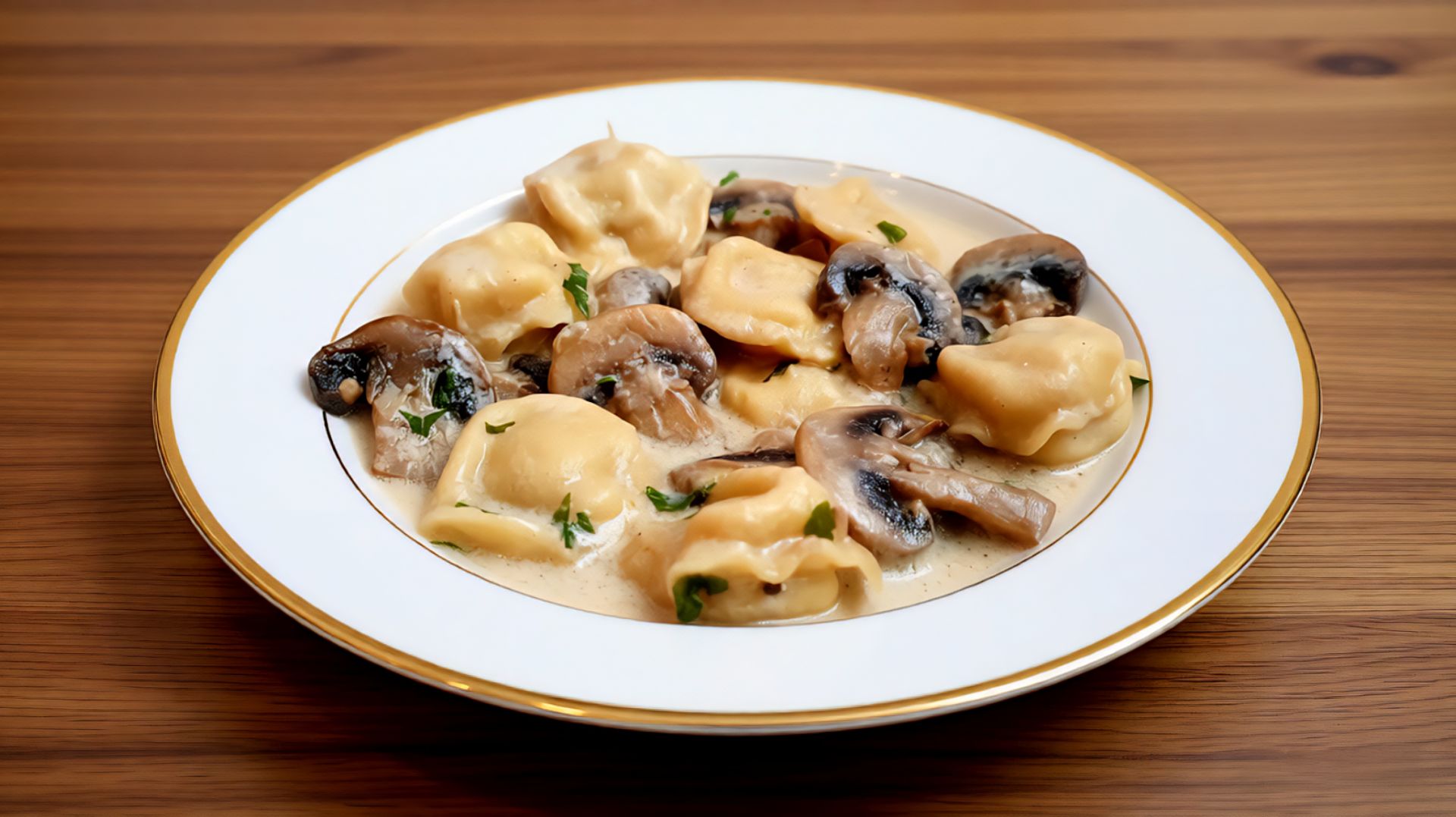 Пельмени тушеные с грибами в сметанном соусе на сковороде