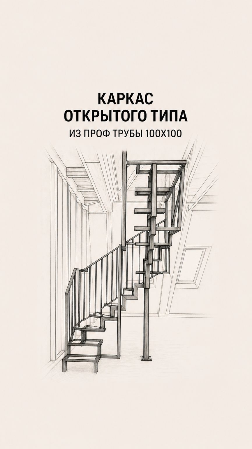 Монтаж открытого каркаса лестница из проф трубы 100x100