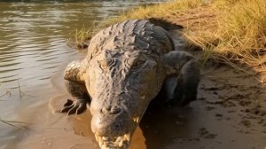 Большой крокодил с огромной пастью ползёт у реки
