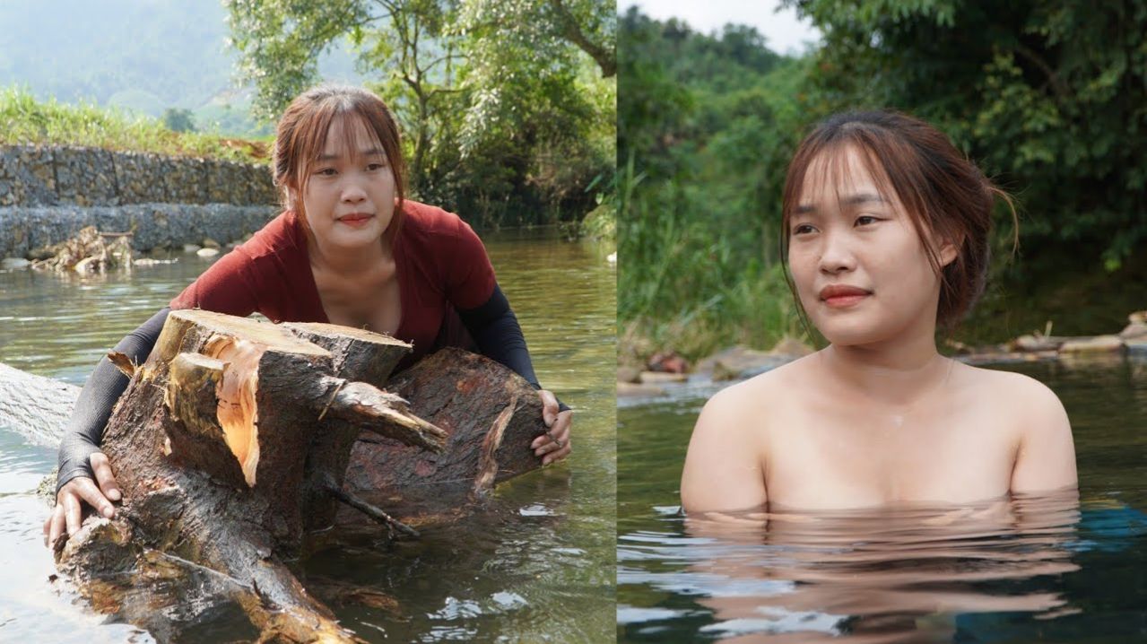 Сельскохозяйственная техника, транспортировка и погрузка/разгрузка древесины у ручья.