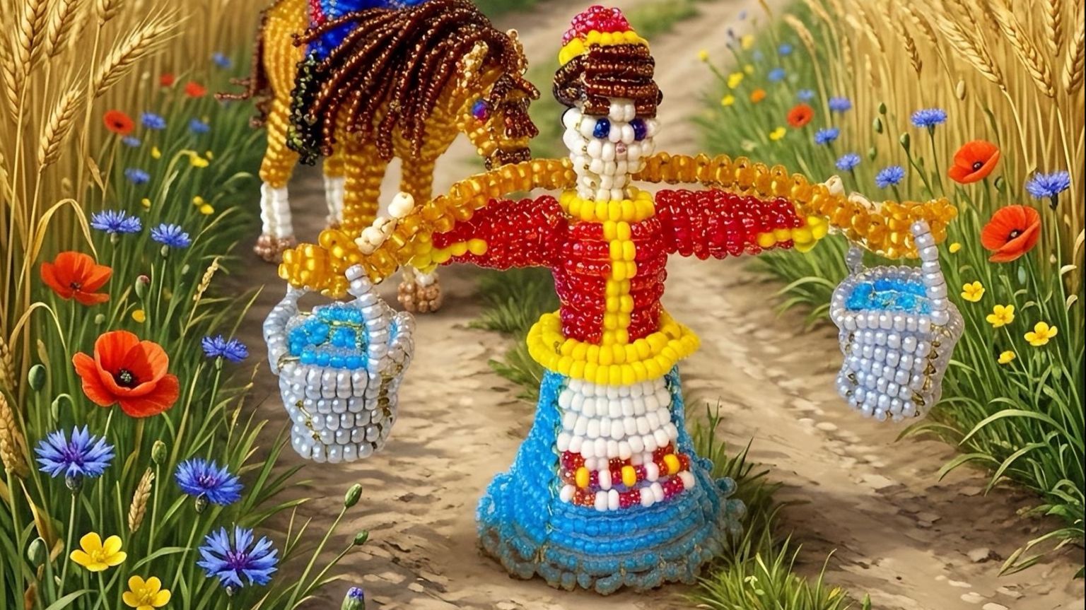 Обзор фигурок из бисера / Казачка с коромыслом их бисера / Казак на коне из бисера /