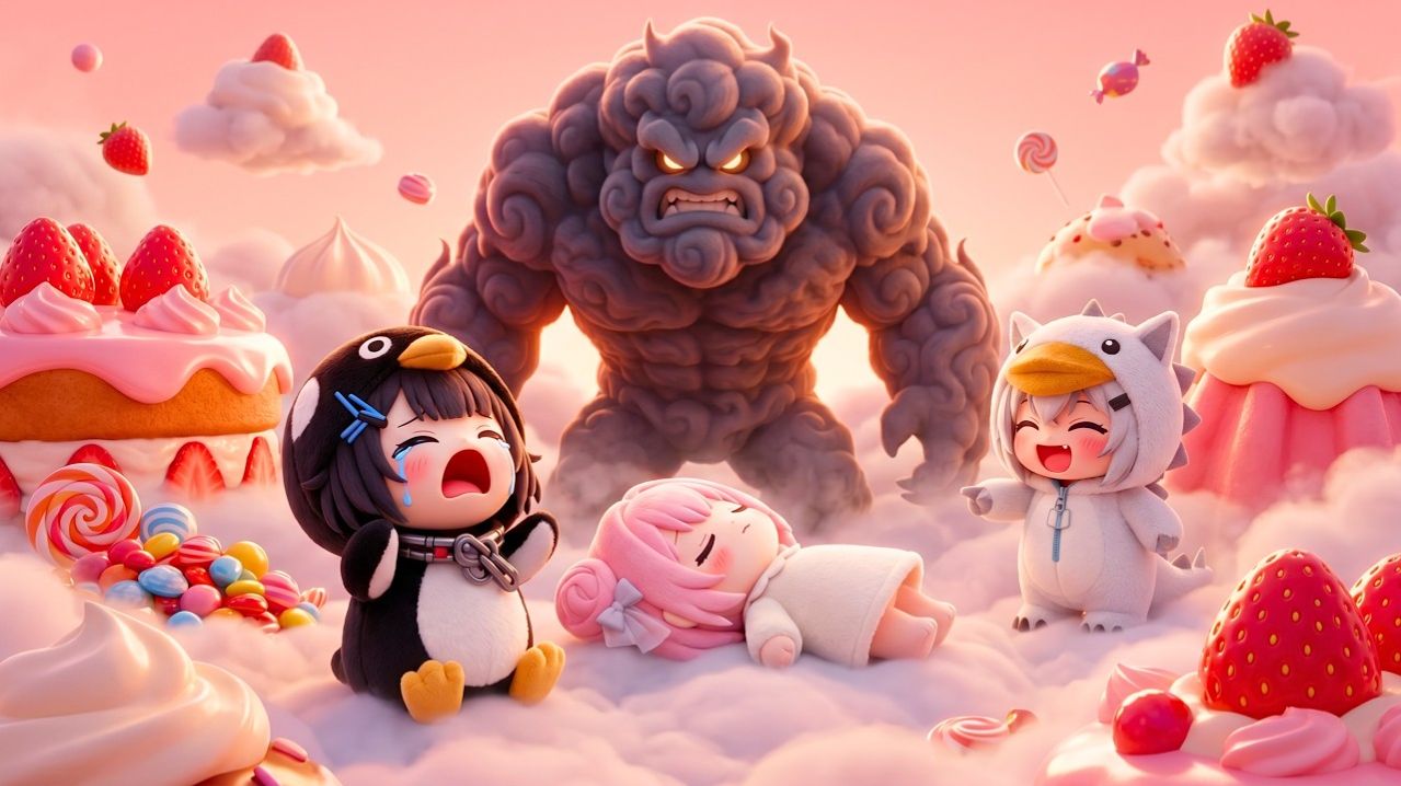 Пингвиненок Гугу Гага ест запрещенный радужный торт в мире сладких облаков