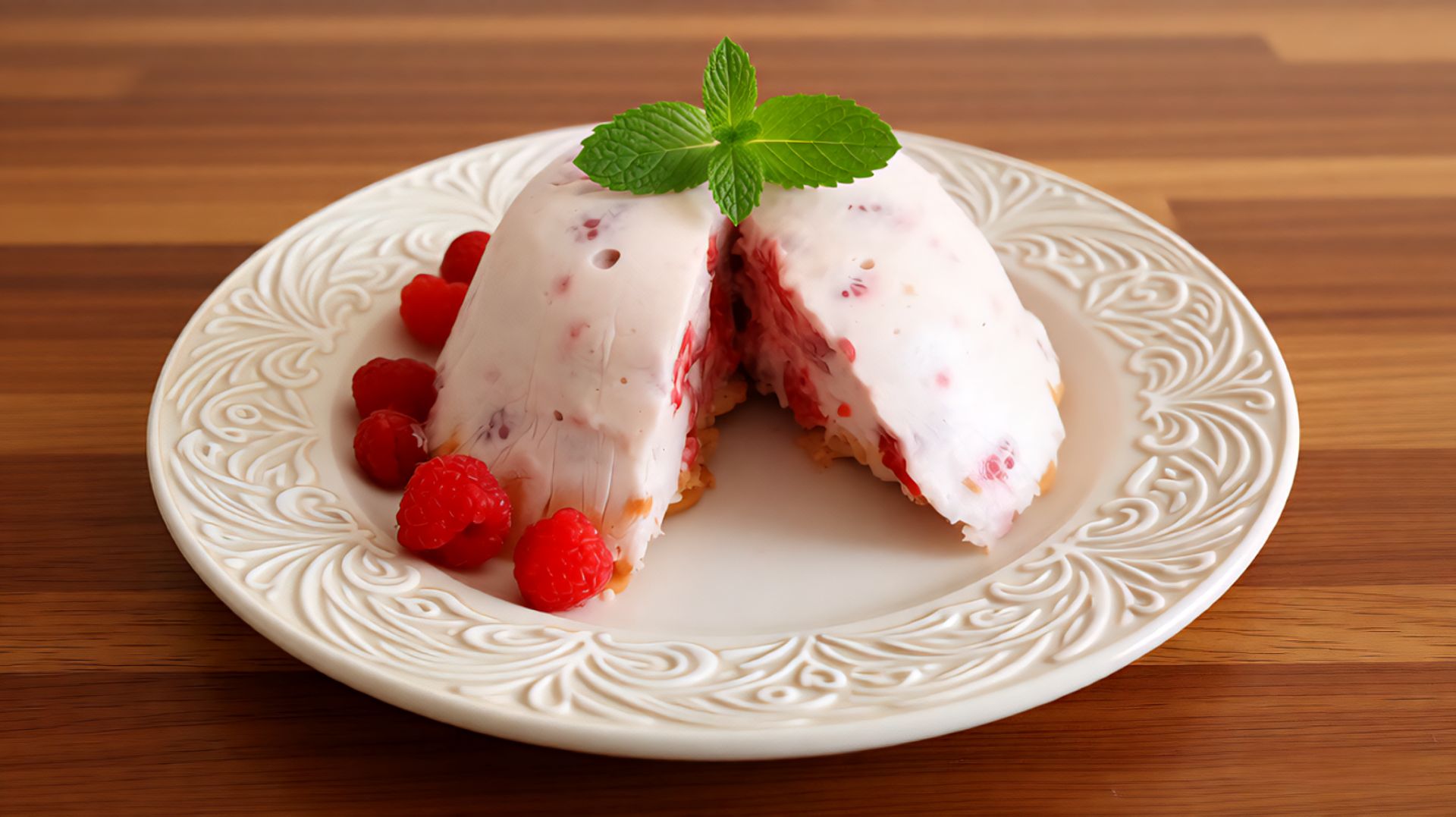 Торт без выпечки с творогом и малиной.