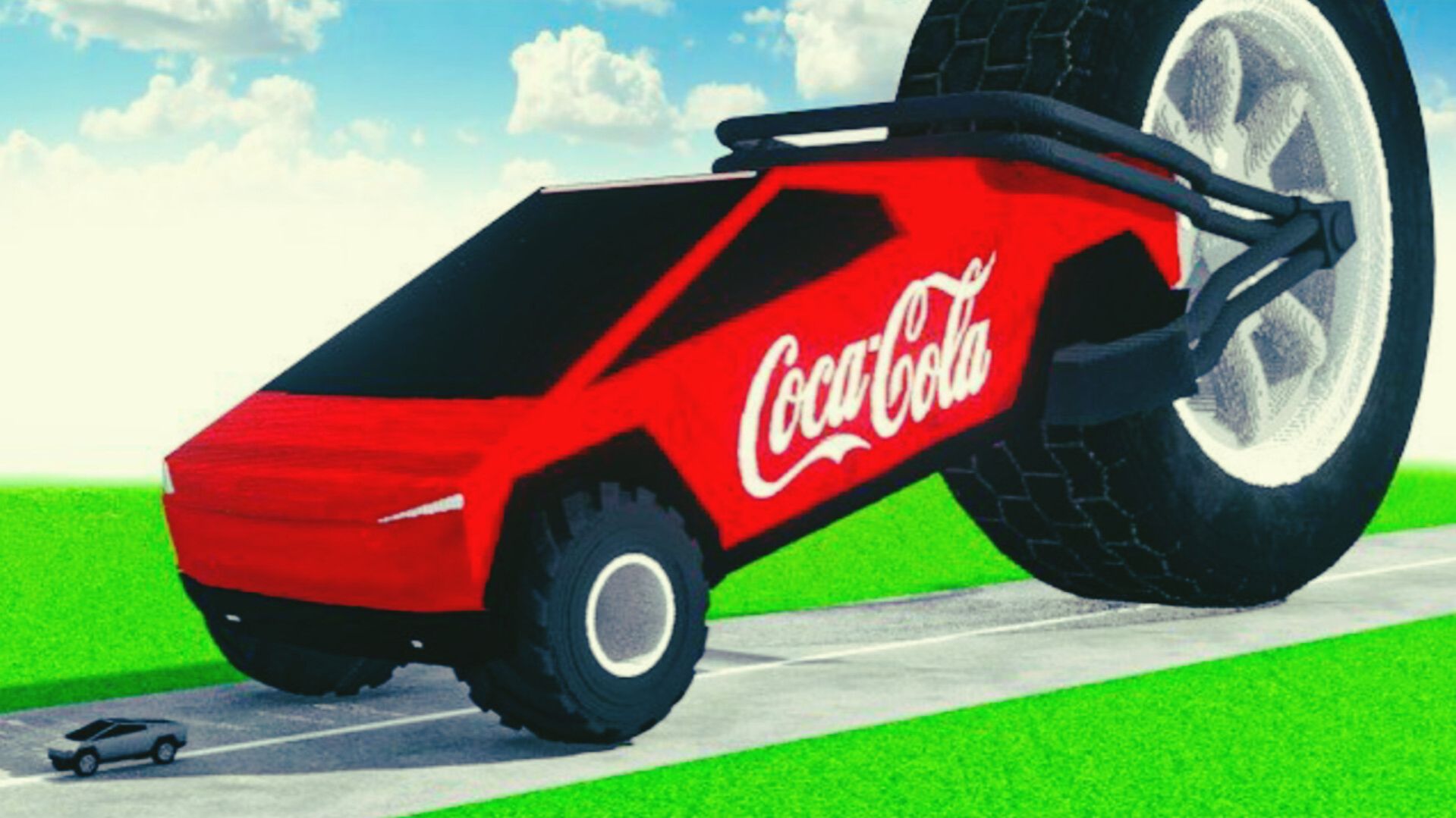 ТЕСЛА КИБЕРТРАК с гигантским заднеприводным колесом против автомобилей в разборках!