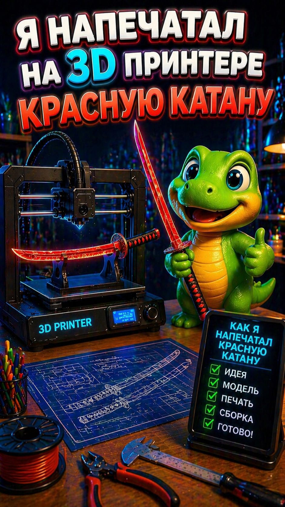 Я напечатал на 3D принтере красную катану