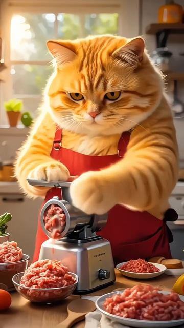 Рыжий кот делает сосиски