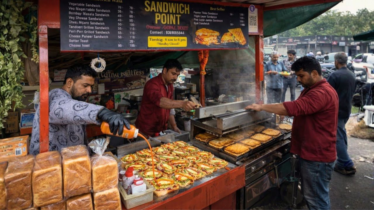 Массовое производство овощных сэндвичей.  Экстремальный процесс приготовления индийской уличной еды